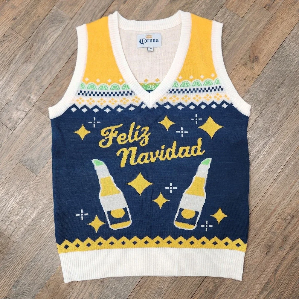 Corona Beer Knit Mens Sweater Vest‎ Christmas Feliz Navidad Size Medium Cerveza